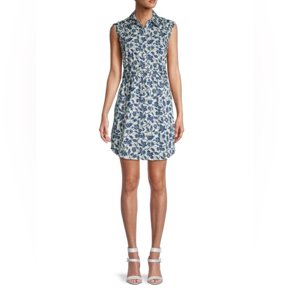 DEREK LAM 10 CROSBY 4 Cora Floral Sleeveless ruched mini Button-Up shirt Dress